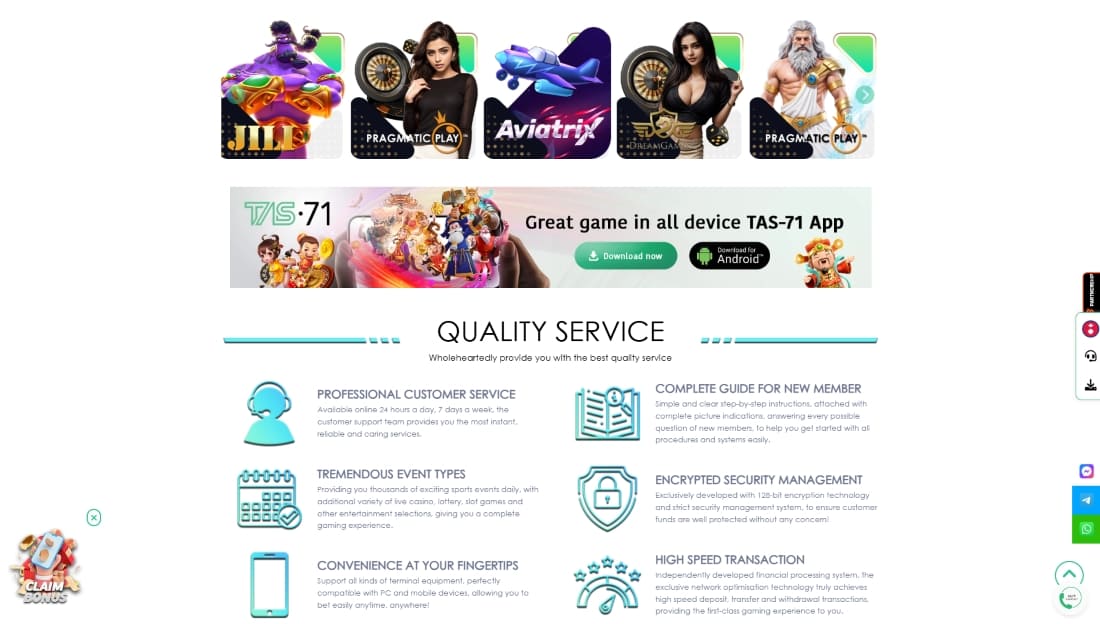 Promotional strip showcasing TAS71 app compatibility with download options for Android devices