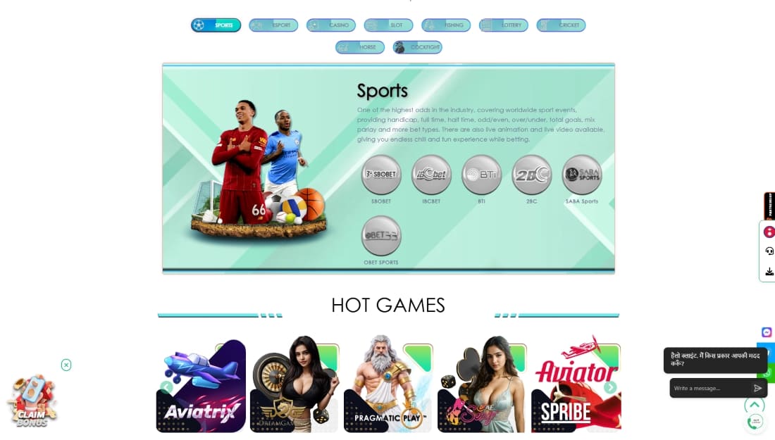 Sports category panel showing athletes, provider icons like SBOBET and BTi, and betting features