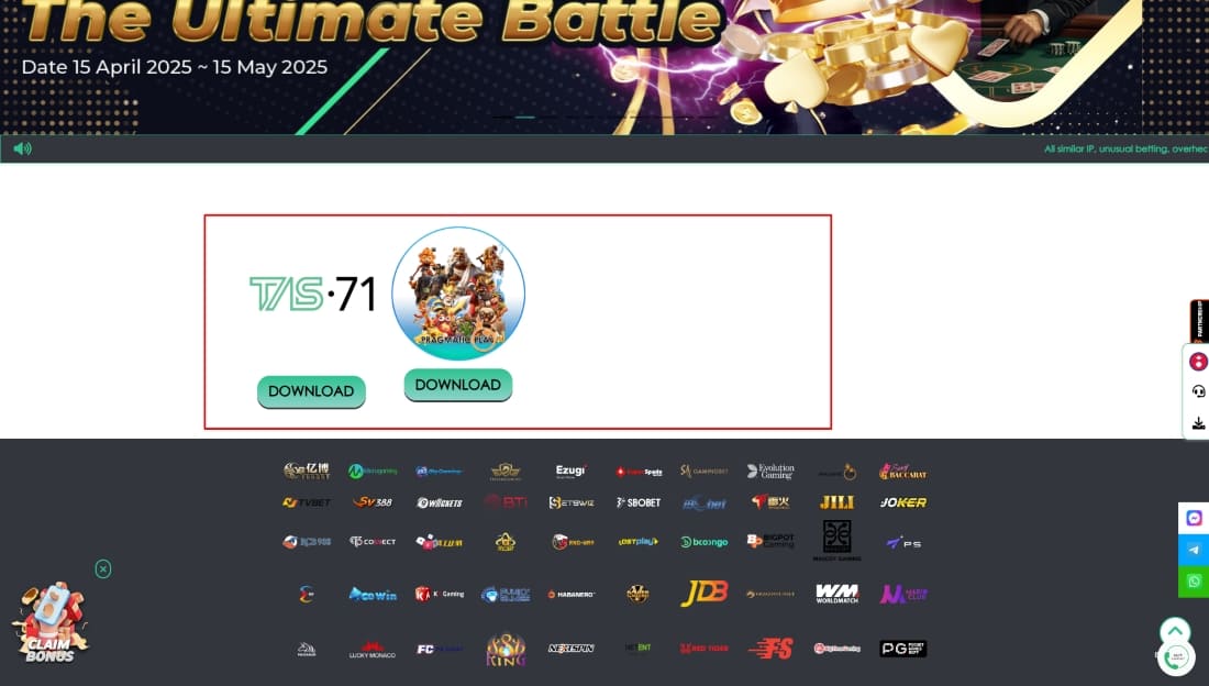 TAS71 and Pragmatic Play download section with two buttons for app installation