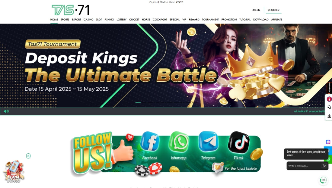 Homepage banner with Deposit Kings event and social icons for Telegram, Facebook, and TikTok